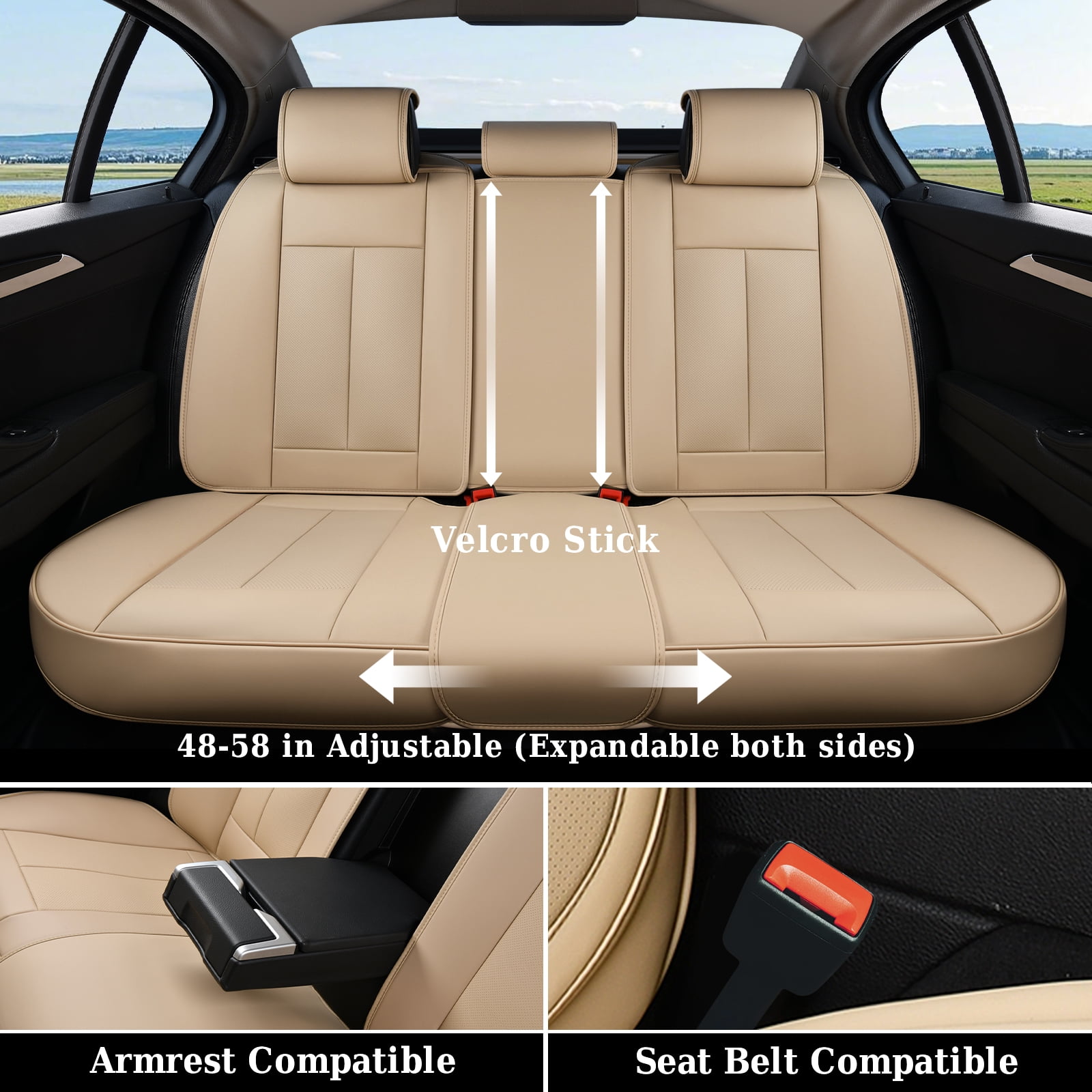 Coverado Beige Back Car Seat Covers Set, Premium Leather Rear Seat Covers Car Accessories, Waterproof Velcro-Adjusted Seat Protectors Universal Fit for Most Sedans SUV Pickup Truck
