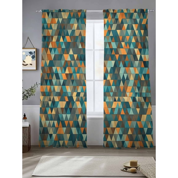 Abstract Art Sheer Curtains for Living Room Bedroom Geometric Modern Art Orange Teal Sheer Curtains 84 Inch Long 2 Panels Set Light Filtering Curtain Window Treatments Drapes for Dining Room