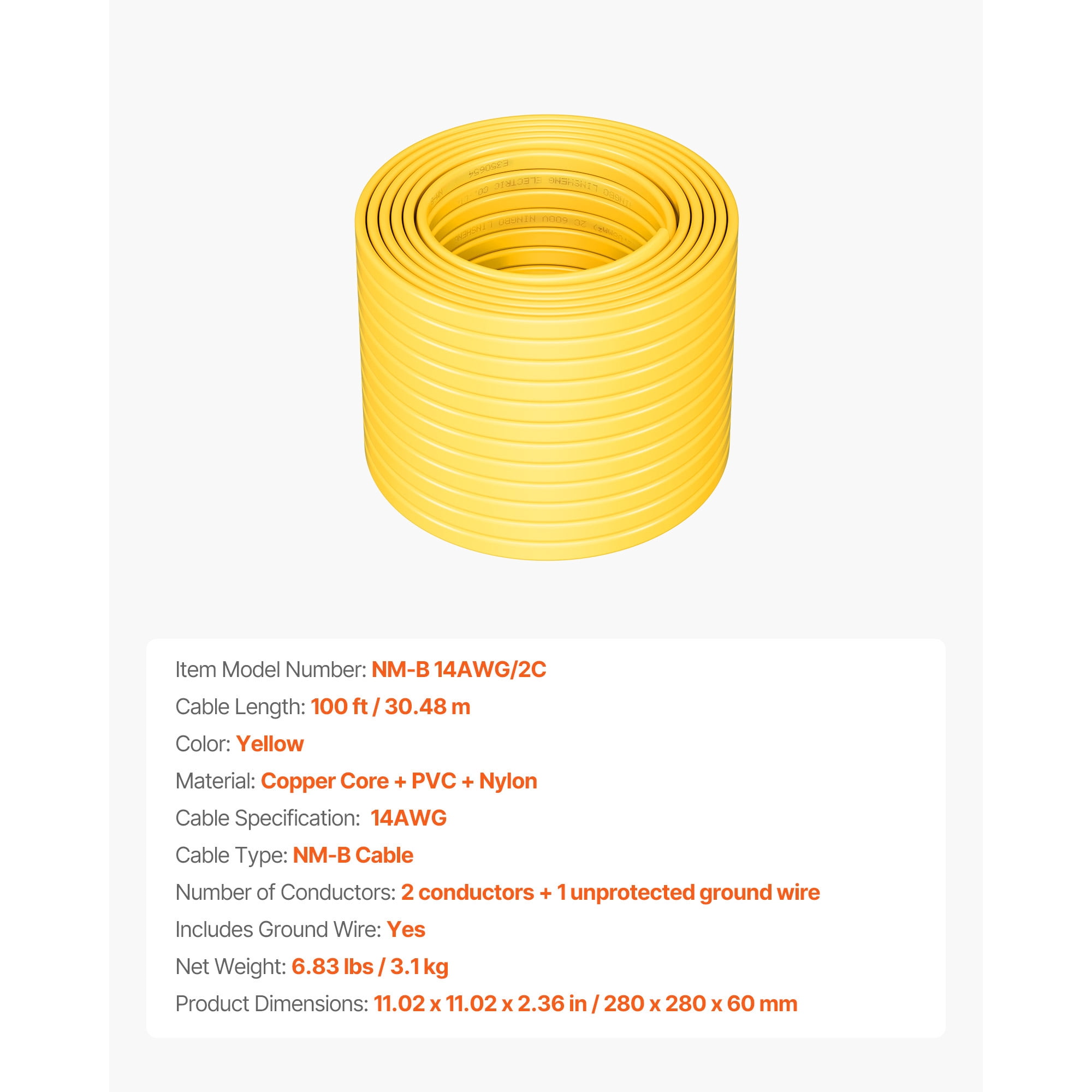 KFFKFF 14AWG/2C Non-Metallic Indoor Electrical Wire with Ground, PVC Sheathed Copper Core Cable for Residential Outlets, Switches, Lighting, and Wiring Projects (100 ft)