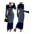 thumbnail image 2 of Women'S Striped V Neck Sweater Dress Long Sleeve Bodycon Midi Dresses Navy Blue XL, 2 of 7