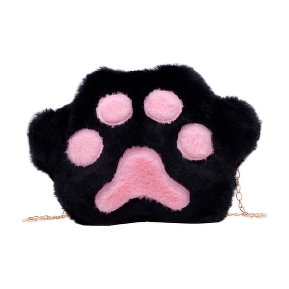 Cute Cat Paw Shape Crossbody Handbag Plush Shoulder Bag Purse with Chain Strap,Black