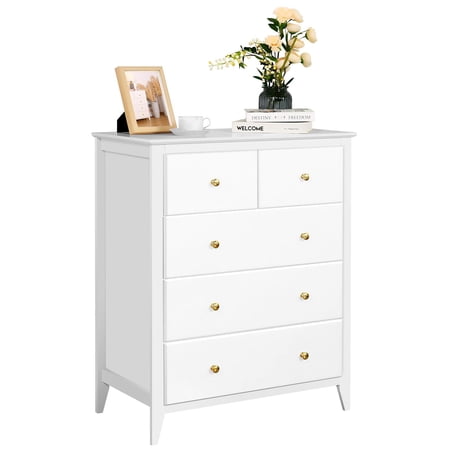 SEJOV White Double Dresser with 5 Drawer  Modern Chest of Drawers for Bedroom  Nursery  Kids  Wood Storage Organizer Cabinet for Clothing