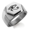 thumbnail image 1 of Stainless Steel Egyptian Eye of Horus Engraved Hexagon Crest Flat Top Biker Style Polished Ring, 1 of 1