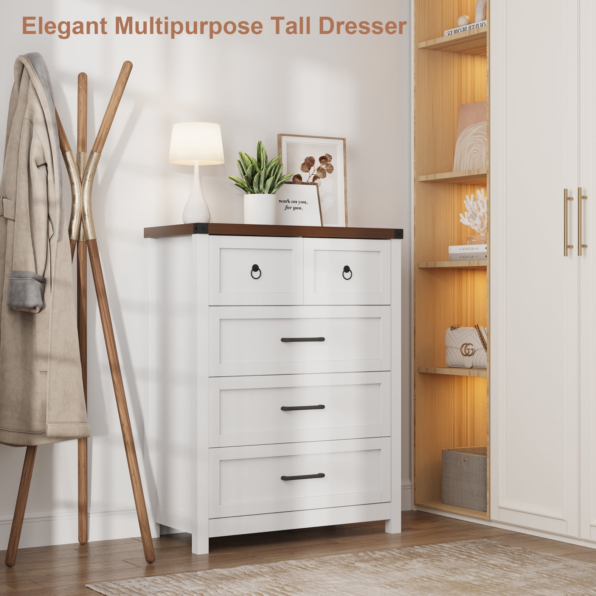 Vabches White 5 Drawer Dresser 41.3" Tall, Wood Wide Chest of Drawers for Bedroom Entryway Living Room Closets