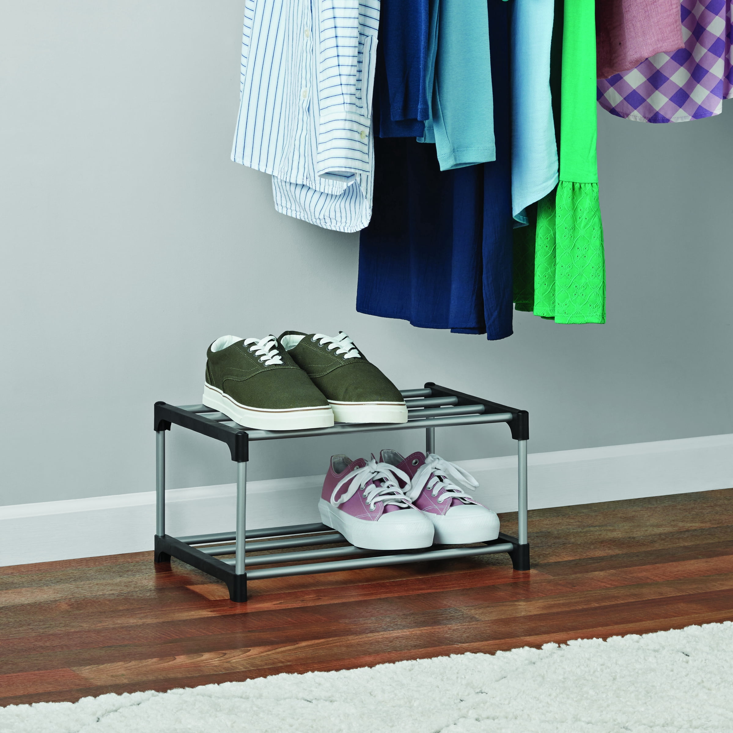 Mainstays 2-Tier Black and Silver Shoe Rack for Shoe Storage with Iron Poles & Plastic Connectors, Holds up to 4 Pairs