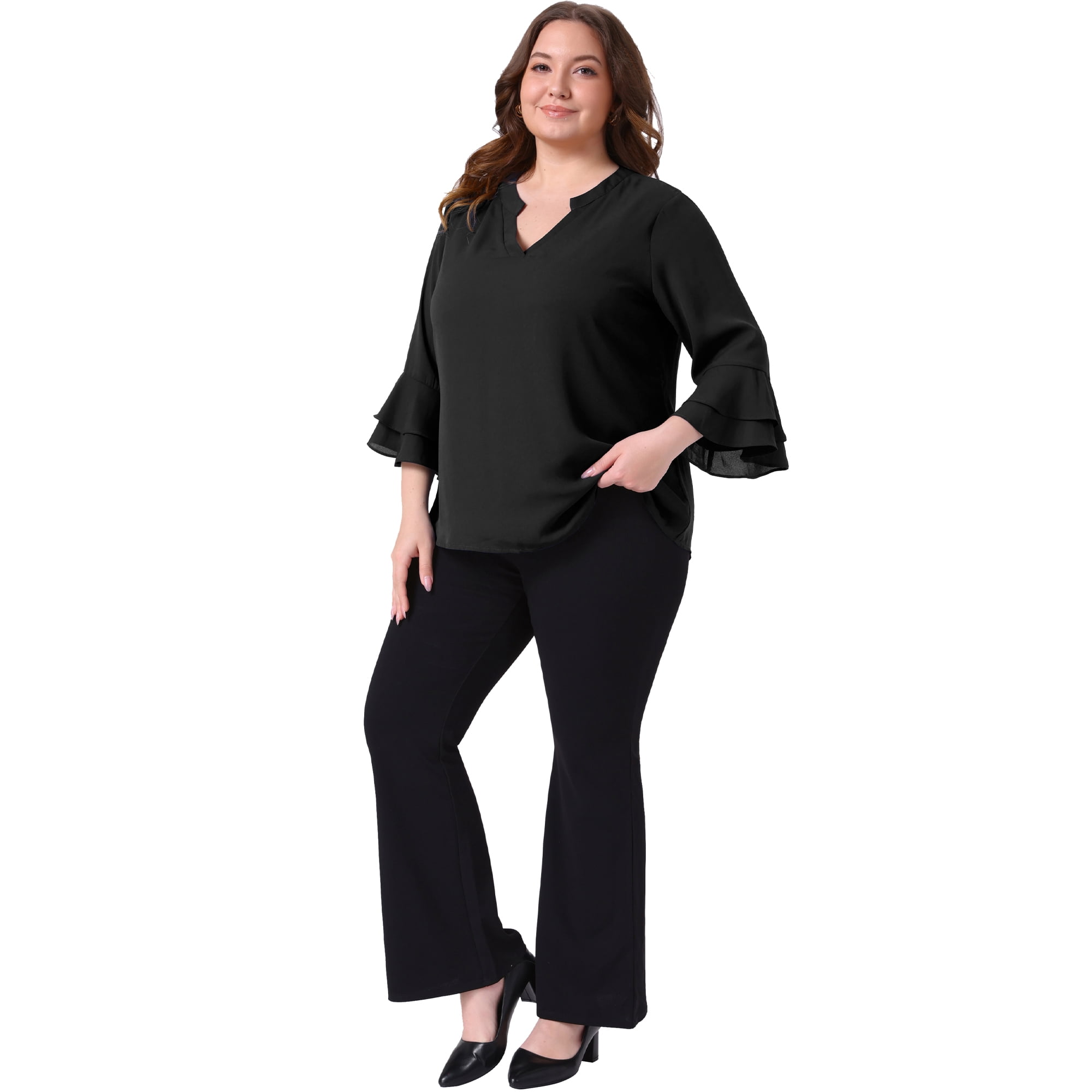 DARING DIVA Women's Plus 3/4 Bell Sleeve Notch Chiffon Tunic Shirts 1X Black