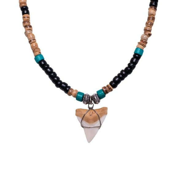 BlueRica Shark Tooth on Tiger Brown & Green Coconut Shell Beads Necklace (20" 3U)
