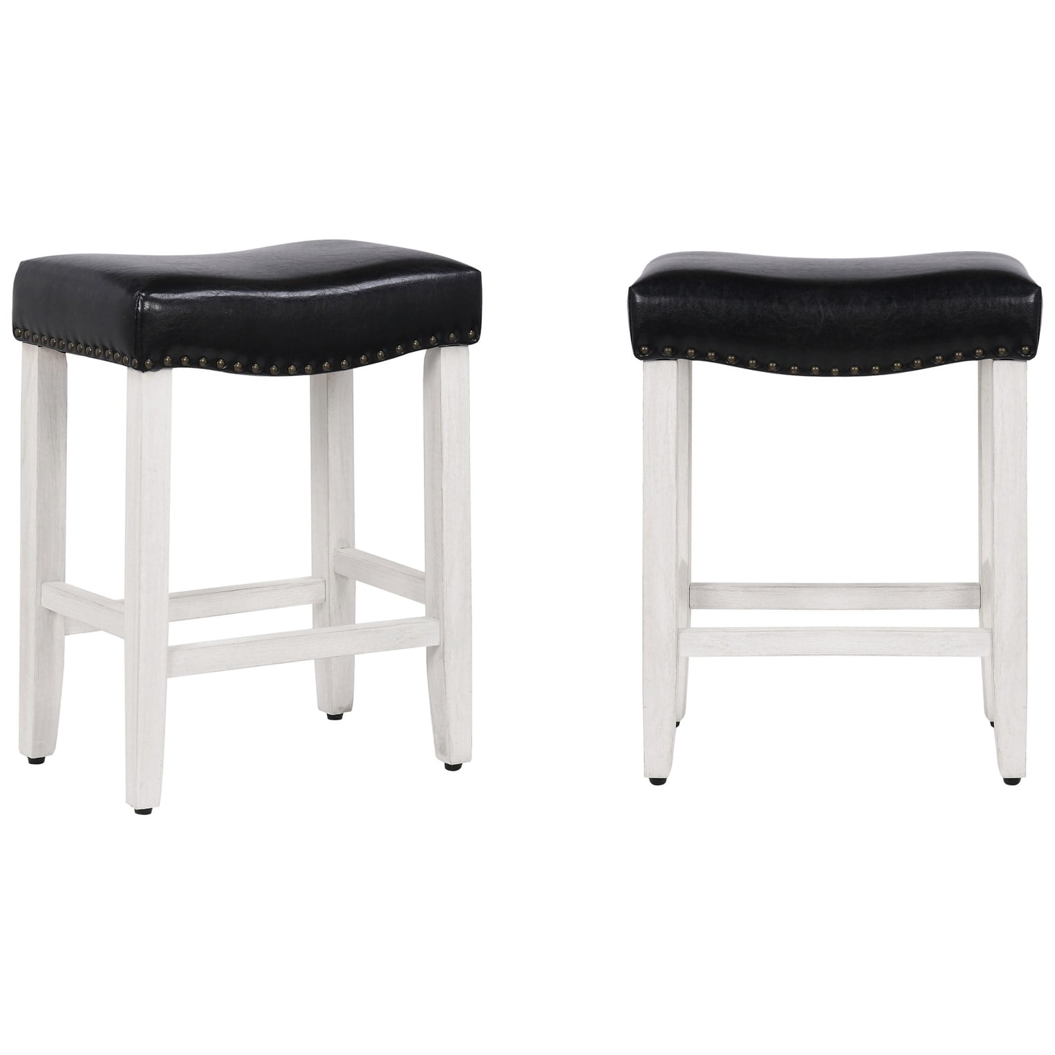 Polytrends Jameson Upholstered Polyester Antique White 24 Inch Counter Stool (Set Of 2) Antique White/Black Wood Rubberwood Footrest Leather Glam