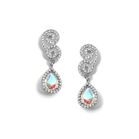 Around Crystal - Rhodium Crystal Rhinestone Double Curl Ends with Dangle Crystal Rhinestones Around a Aurora Borealis Teadrop Stone Earrings