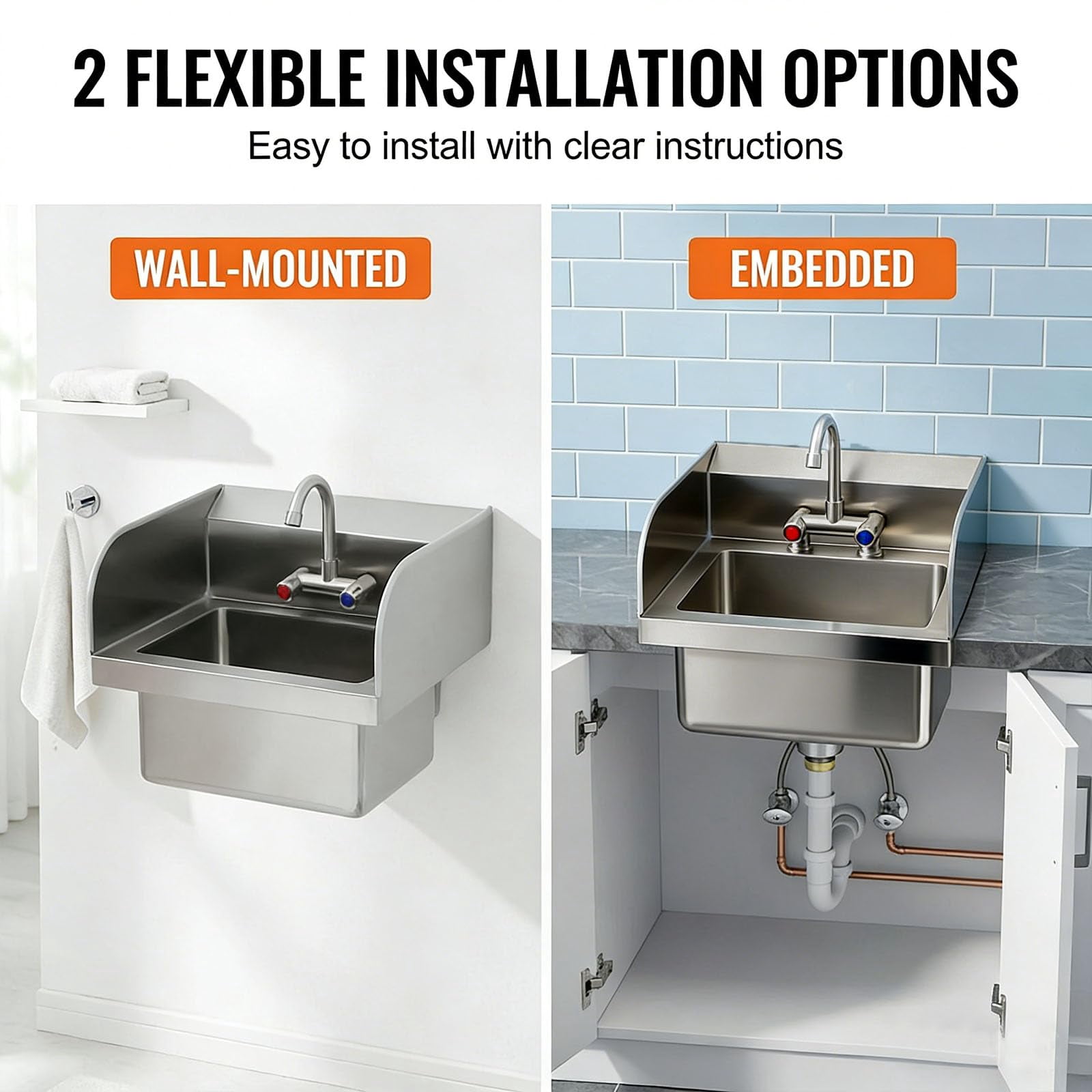 Historyli Commercial Stainless Steel Hand Sink with Swivel Faucet, Wall Mount or Drop-in,Small Hand Wash Basin with Backsplash & Drain Kit for Restaurant, Kitchen