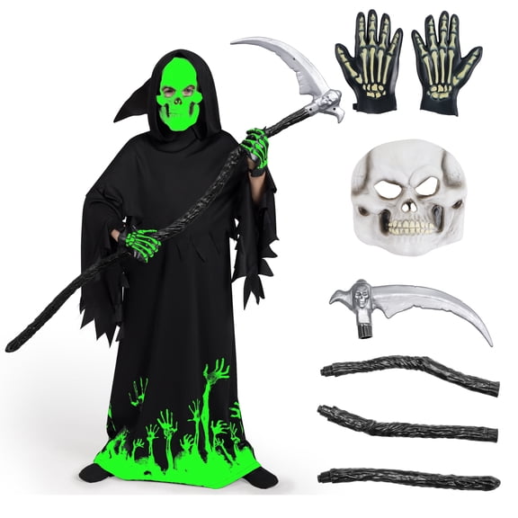 Joyfy Glow in the Dark Grim Reaper Costume for Kids, Phantom Costume for Kids, Scary Halloween Costumes for Fancy Dress Up 5-14 Years