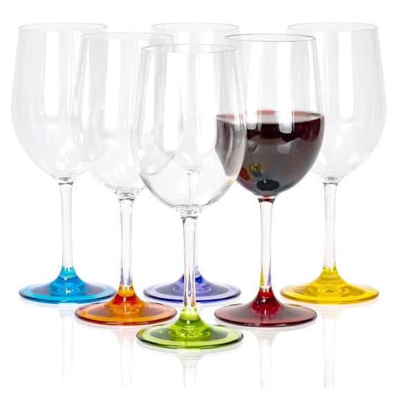 Red Co. Set of 6 Classic Clear Acrylic 12 Fl Oz Outdoor Wine Glasses with Multicolor Bases
