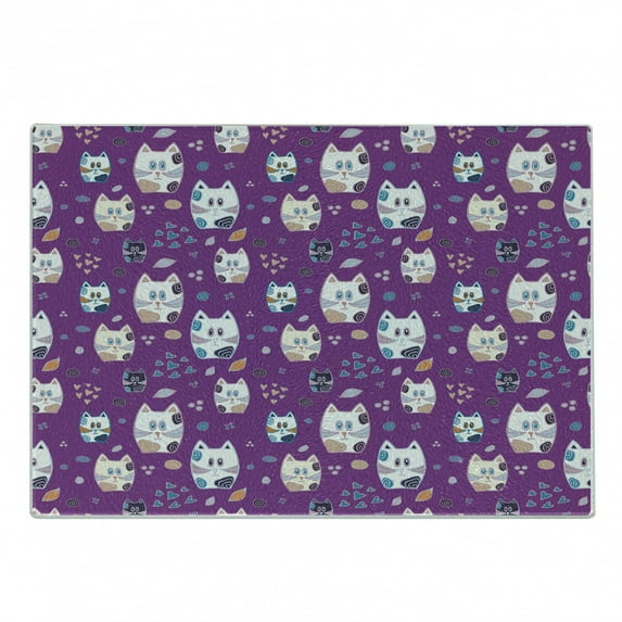 Cat Cutting Board, Doodle Cartoon Design Kittens Pattern Ornate Hearts Swirls Circles Art, Decorative Tempered Glass Cutting and Serving Board, Small Size, Multicolor, by Ambesonne