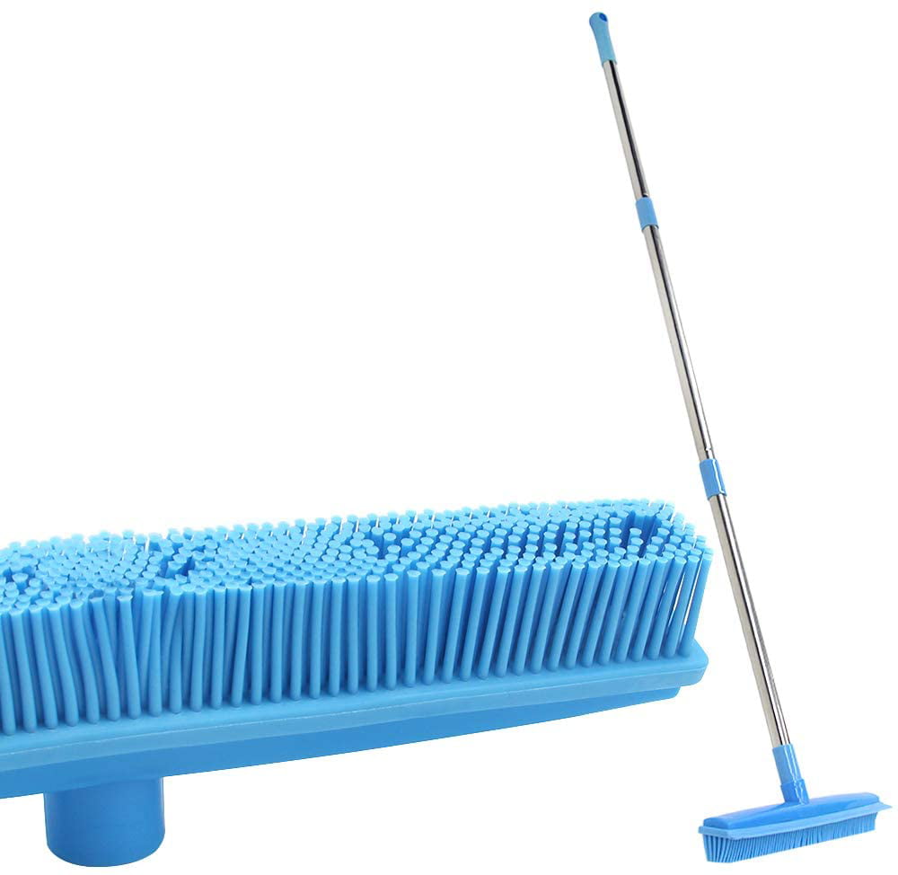 Push Broom Long Handle Rubber Bristles Sweeper Squeegee Edge Pet Hair Removal 