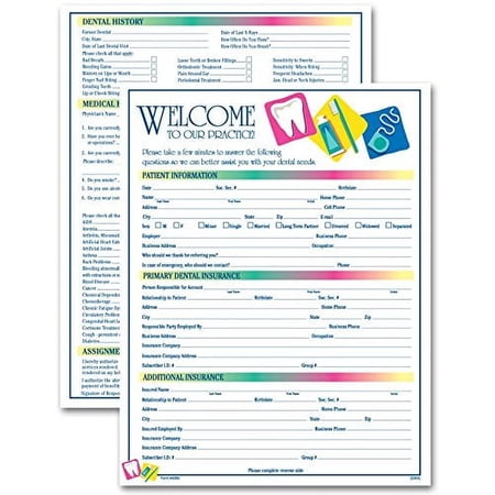 Two-Sided Dental Icon Design Registration & History Form, 3 Pads, 100 Forms Per Pad, English