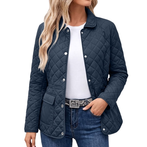 Manzbdm Women's Diamond‑Quilted Short Jacket, Collared Snap‑Button Waist‑Defined Padded Coat with Pockets, Casual Outerwear for Fall Winter