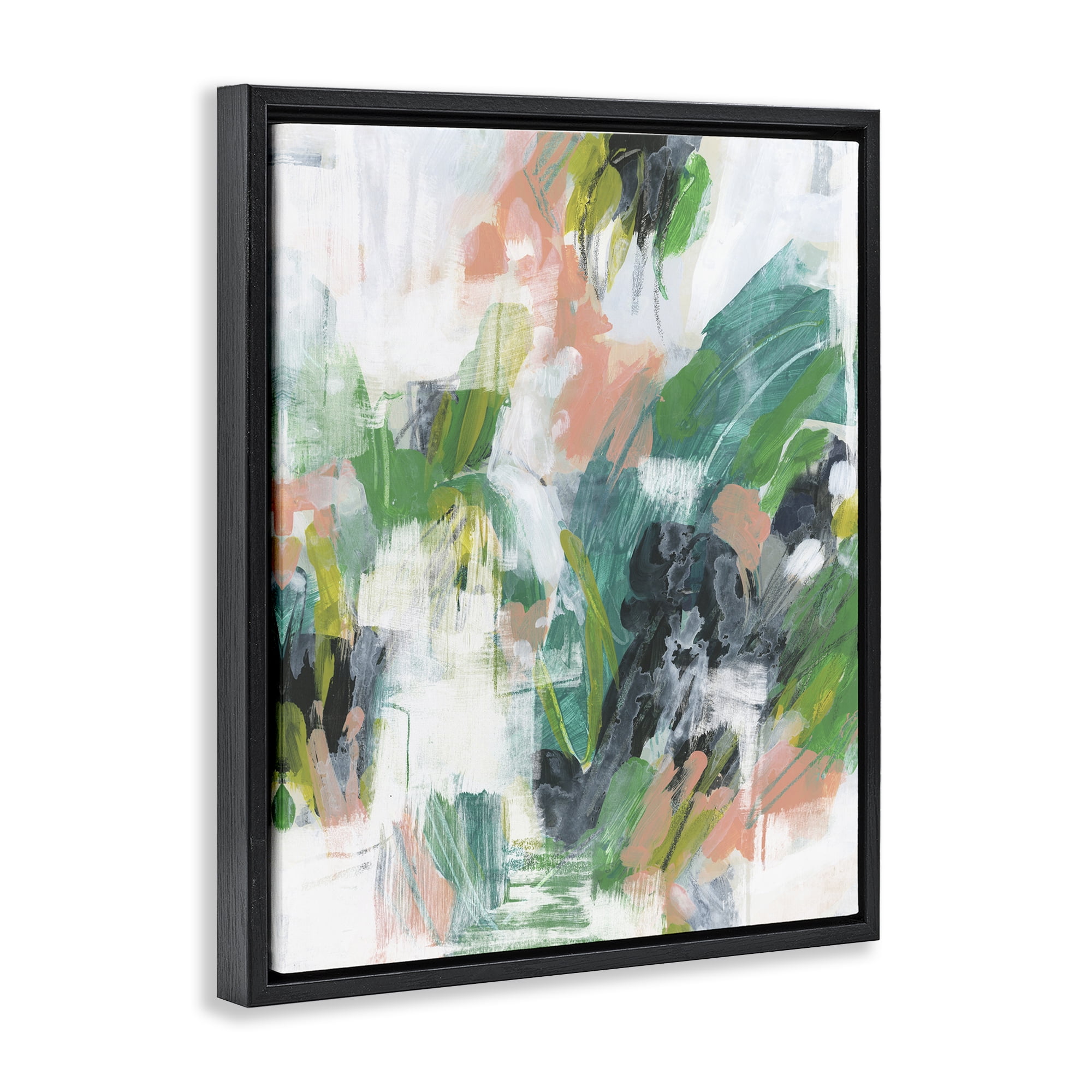Stupell Industries Chaotic Green Paint Strokes Abstract Painting Black Floater Framed Canvas Art Print Wall Art, 25 x 31