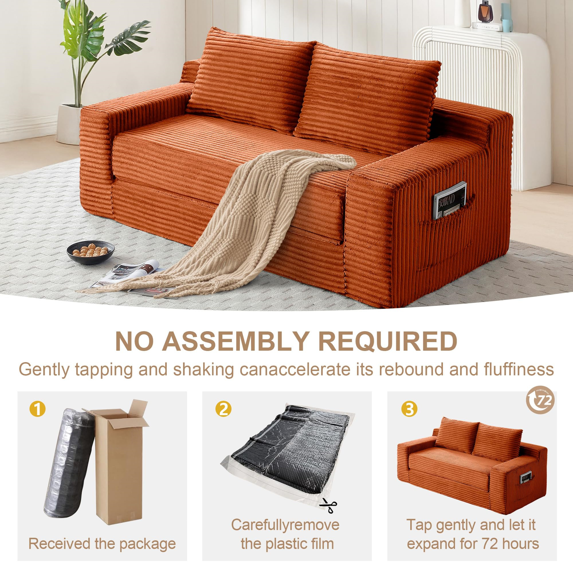 Aukfa 73" Chaise Futon Convertible Sofa Bed Boneless Couch, 2 Pillows&Side Pockets, Queen Size, Corduroy, Orange