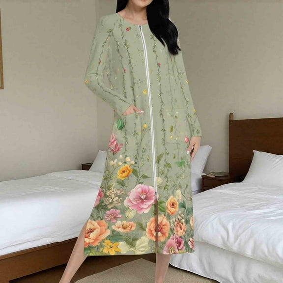 Fewfanhot Women's Long Flannel Robe Floral Printed Knee Length Zipper Bedroom Lounging Bathrobes Cozy Sleepwear Comfort Housecoat