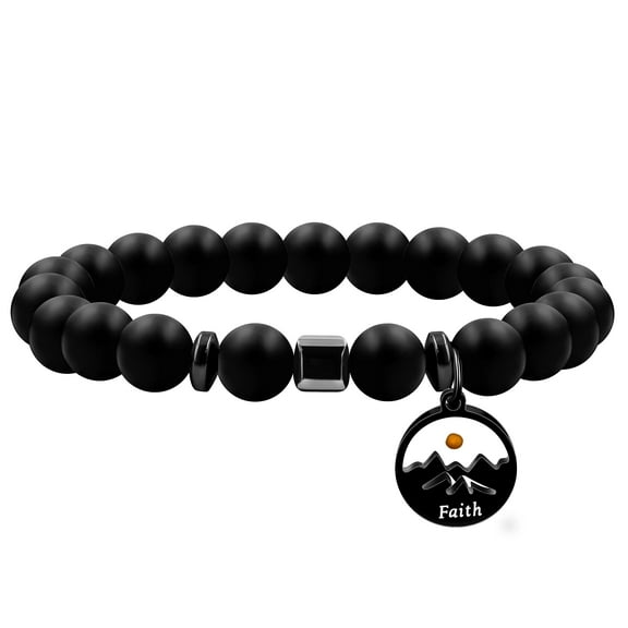 Uloveido 8mm Frosted Agate Beads Bracelet with Faith Mustard Seed Charms, Black Beaded Bracelets Inspirational Gifts for Men Y4107-2