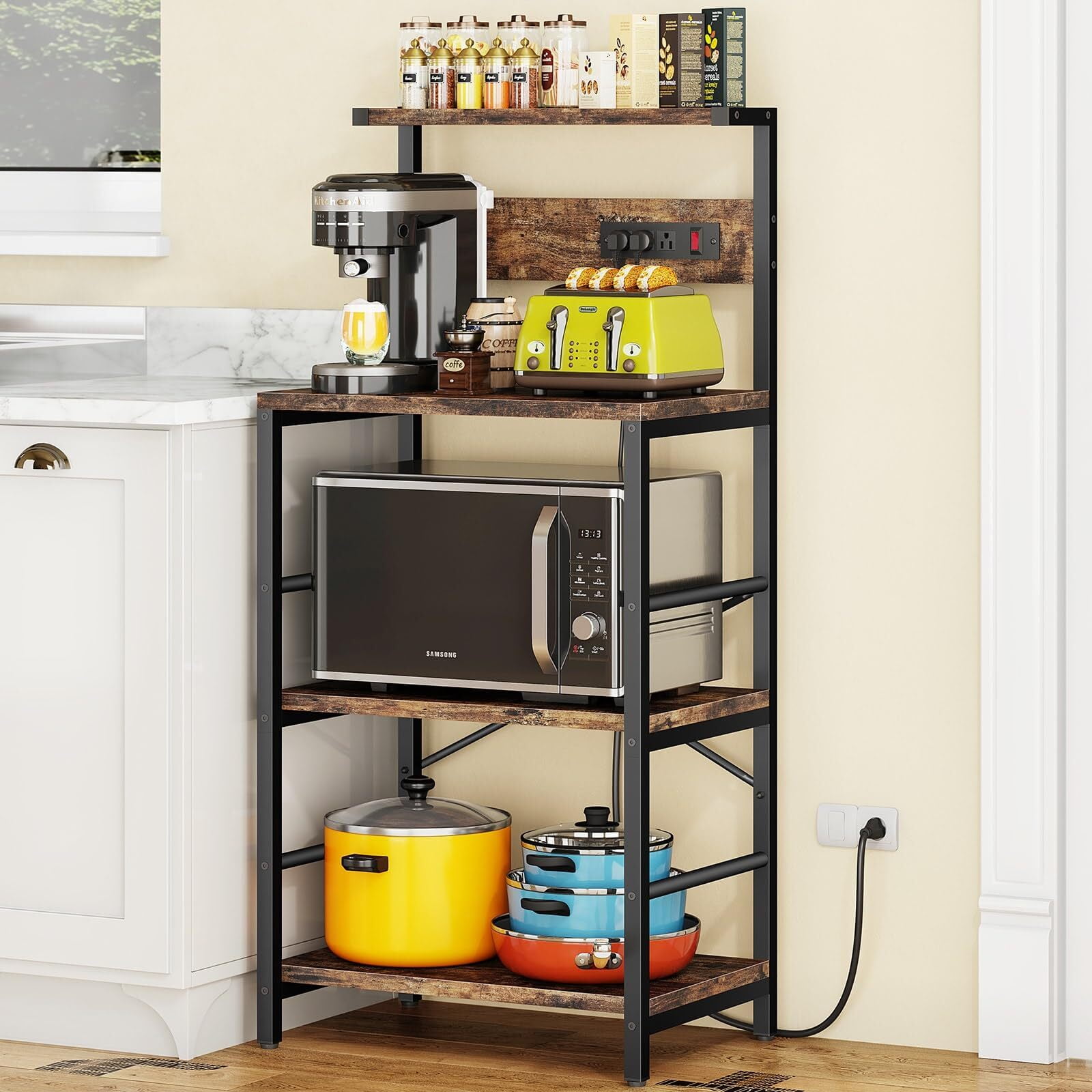 Kitchen Baker's Rack, 4-Tier Coffee Station with Power Outlets, Bug Hull Industrial Microwave Stand, Kitchen Storage Shelf, Coffee Bar Station, Rustic Brown