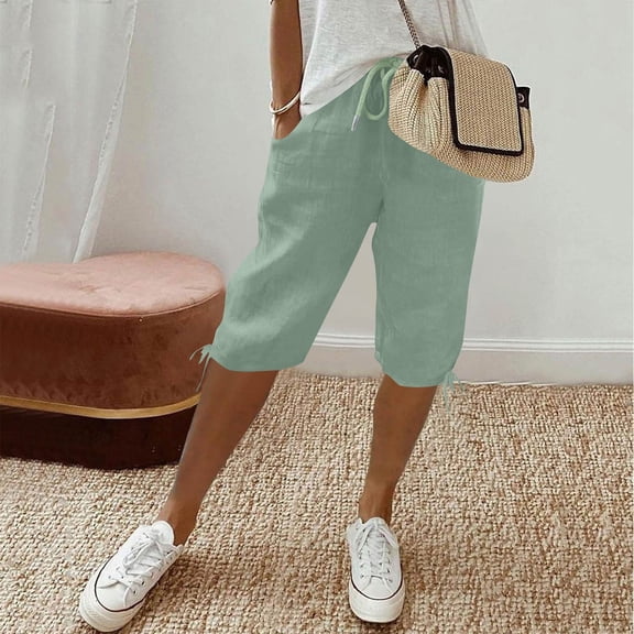 Bermuda Shorts for Women Knee Length Drawstring Elastic Waist Cotton Linen Shorts Casual Summer Loose Shorts with Pockets, XL