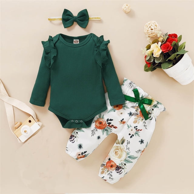 RXIRUCGD Mode Filles Décontracté Hauts à Manches Longues Col Rond Col Bouton Pantalon Long Uni Ensembles ( Vert, Taille : 9 Mois )