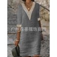 thumbnail image 1 of Generic 2025 Women's Clothes Hot-Selling Hot Sale Solid Color and V-neck Medium Sleeve Cotton Linen Casual Dress, 1 of 1
