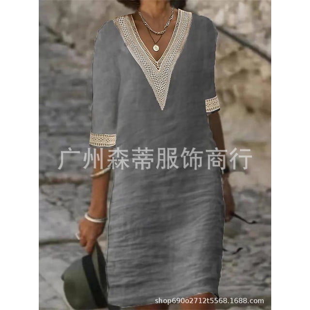 Generic 2025 Women's Clothes Hot-Selling Hot Sale Solid Color and V-neck Medium Sleeve Cotton Linen Casual Dress