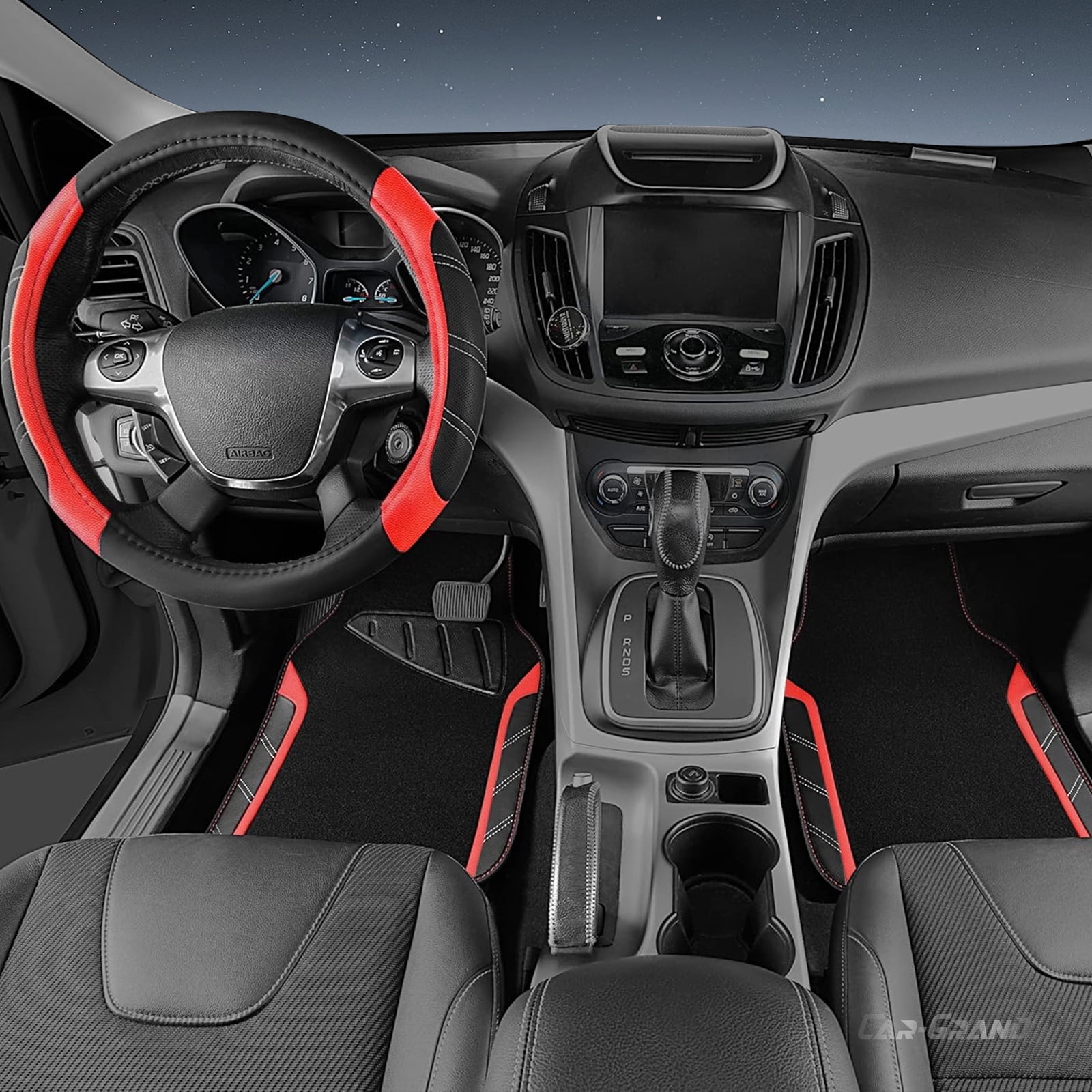 CAR GRAND Leather Steering Wheel Cover and Waterproof Carpet Car Floor Mats,Universal Fit Combo Pack Sedan,SUV,Cars, 14.5" to 15" Sporty Anti-Slip Red