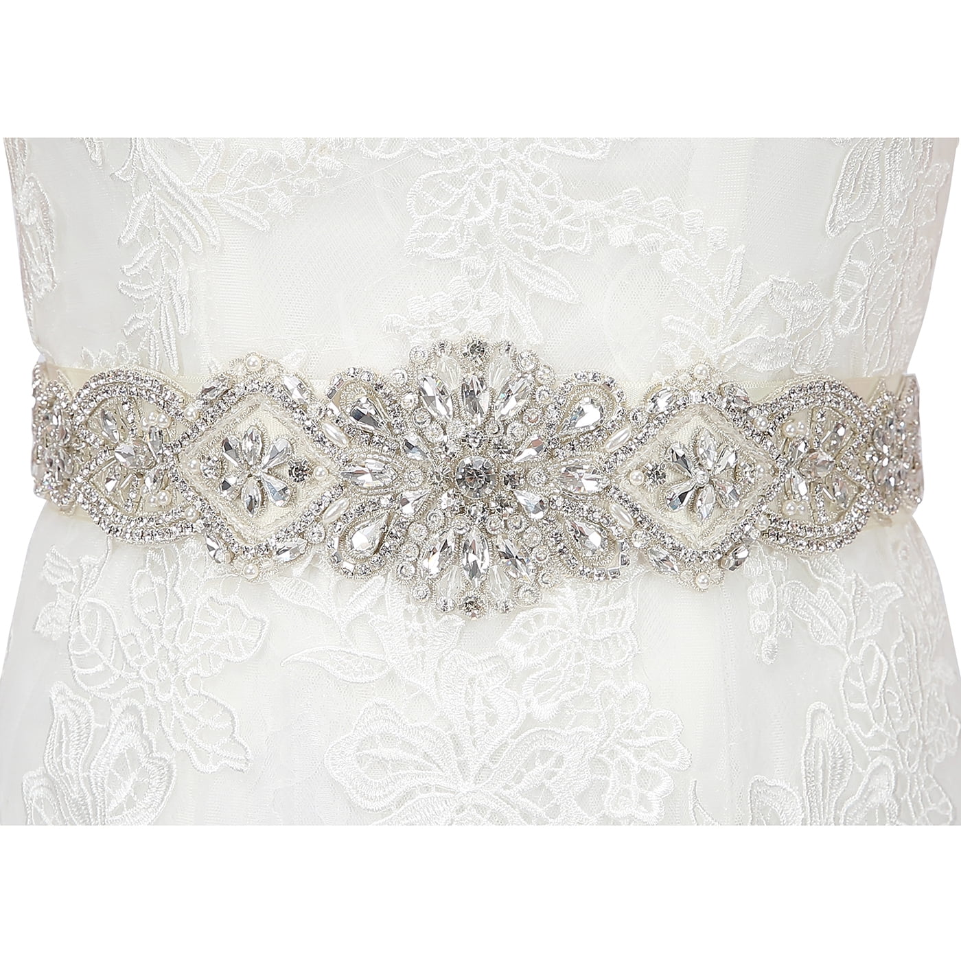 Rhinestone Bridal Belt Sashes for Women Dress Diamond Wedding Belts Sash Ribbon for Bridesmaid Prom Gowns（White）