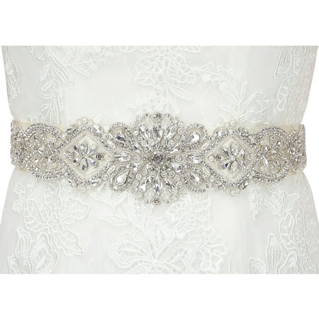 HDE Rhinestone Wedding Bridal Belts and Sashes with Ribbon for Bridal Gown Dress, White