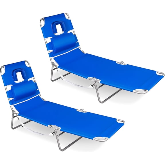 2PK Folding Tanning Beach Chair with Face Hole, 5-Position Reclining Sun Lounger, Portable Face Down Tanning Chair with Arm Holes & Side Pocket for Beach, Pool, Patio, Cyan, Royal Blue