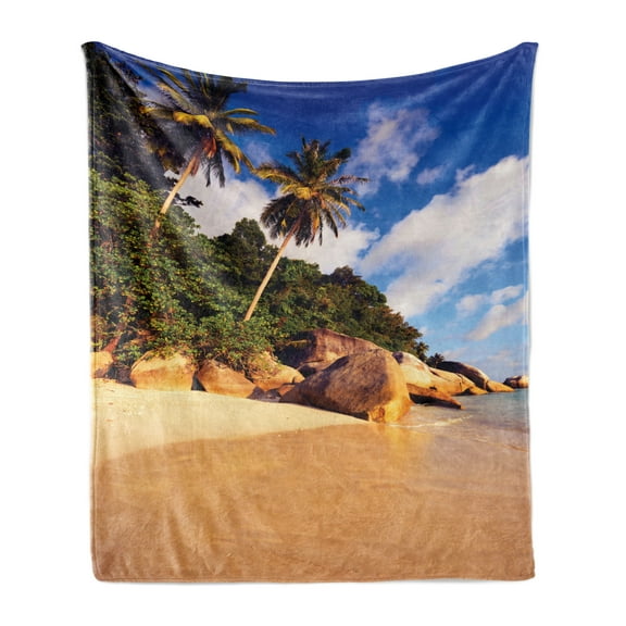 Palm Tree Soft Flannel Fleece Throw Blanket, Tropical Beach Serenity in Nature Exotic Fruit Coconut Rocks Seascape Print, Cozy Plush for Indoor and Outdoor Use, 50" x 60", Green Brown, by Ambesonne