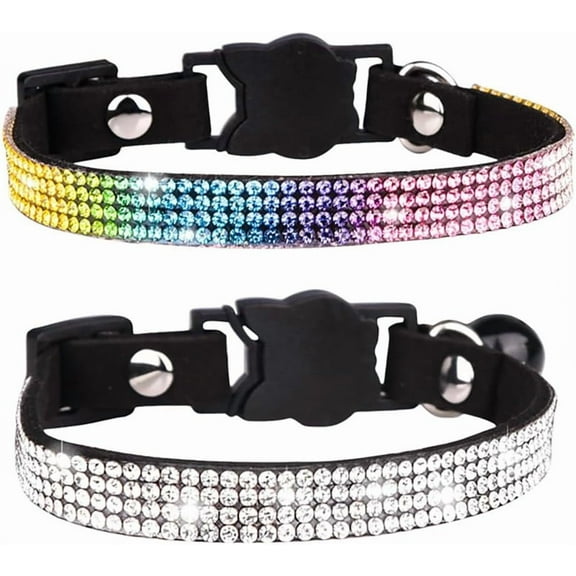Rhinestone Cat Collar with Bells, 2-Pack Breakaway Kitten Collars with Diamond, Pretty Fancy Sparkly Girl Bling Puppy Collar for Tiny Dogs