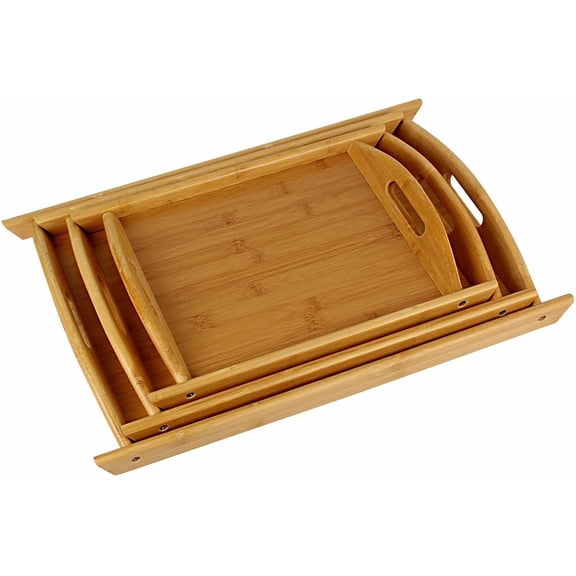 Bamboo Serving Tray Set of 3 – Rectangular Wooden Serving Platters with Handles, Marble-Style Base, Breakfast & Coffee Table Trays for Home