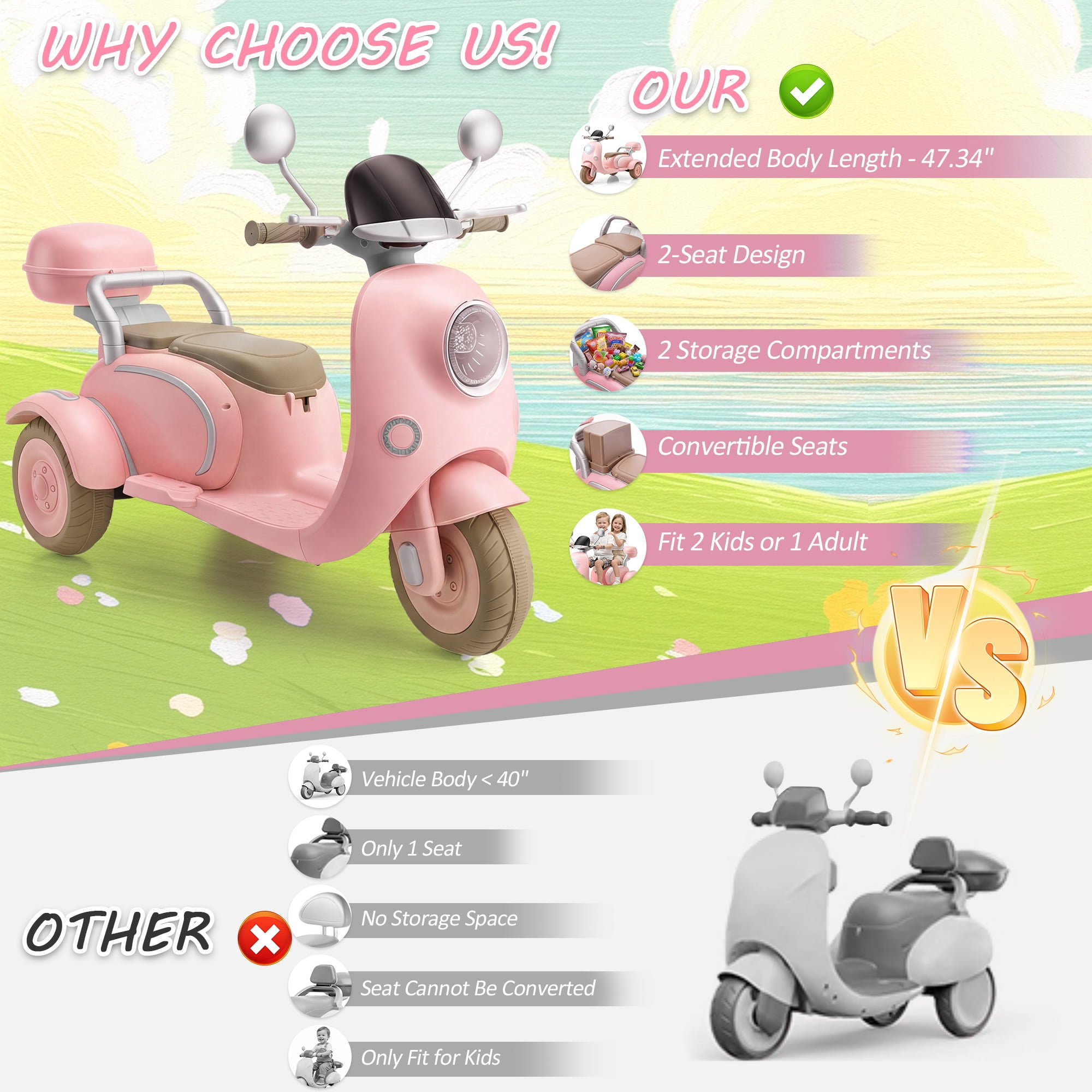Farmdex 12V Kids Electric Motorcycle, 2 Seater Ride on Toys, 3 Wheel Ride on Motorcycle with Storage Box, USB, Music, LED Lights, Age 2+, Pink