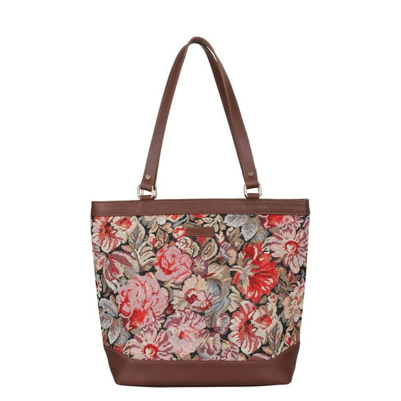 Sishka Sac Fourre-Tout en Tapisserie à Motif Floral pour Femmes / Sac à Bandoulière Bordé de Cuir avec Poignée Supérieure pour Usage Décontracté et Quotidien