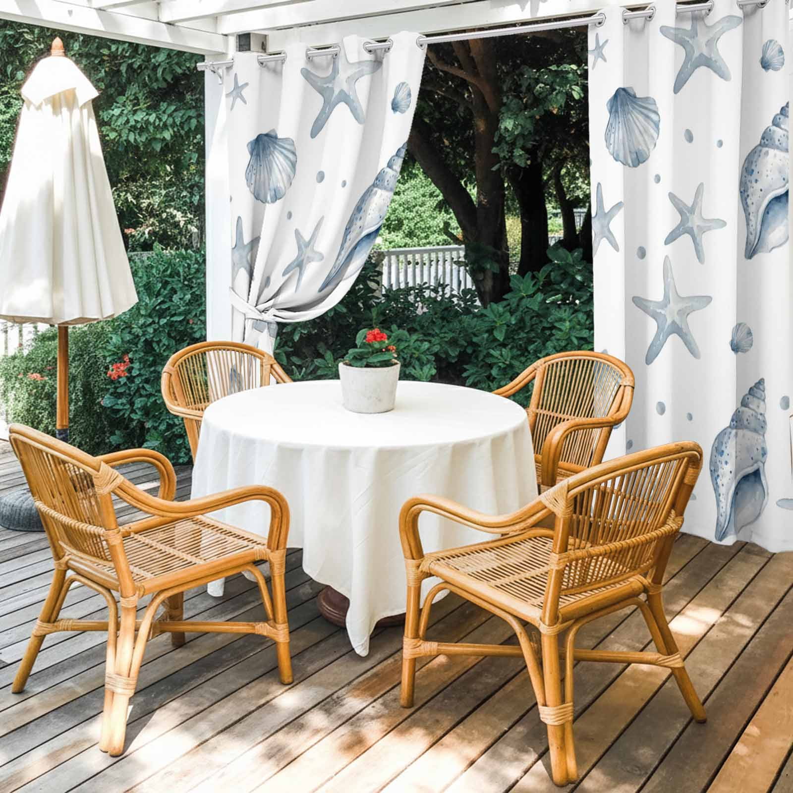 Ocean Starfish Shell Outdoor Curtains for Patio, Summer Sea Watercolor Marine Life Sunshade Privacy Drapes Grommet Waterproof Outside Curtains for Porch/Cabana/Balcony 54"x 108", 1 Panel