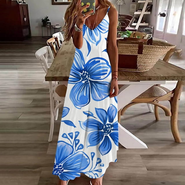 Qiopertar Mode Femmes Été Décontracté Robe Longue Sans Manches Col en V en Solde Livraison Gratuite à Moins de 5$ jusqu'à 90 % de Réduction