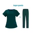 thumbnail image 2 of Women Scrubs Setst Solid Color V-Neck Short Sleeve Long Pants Nurse Uniform with Pockets Dark Green S, 2 of 3