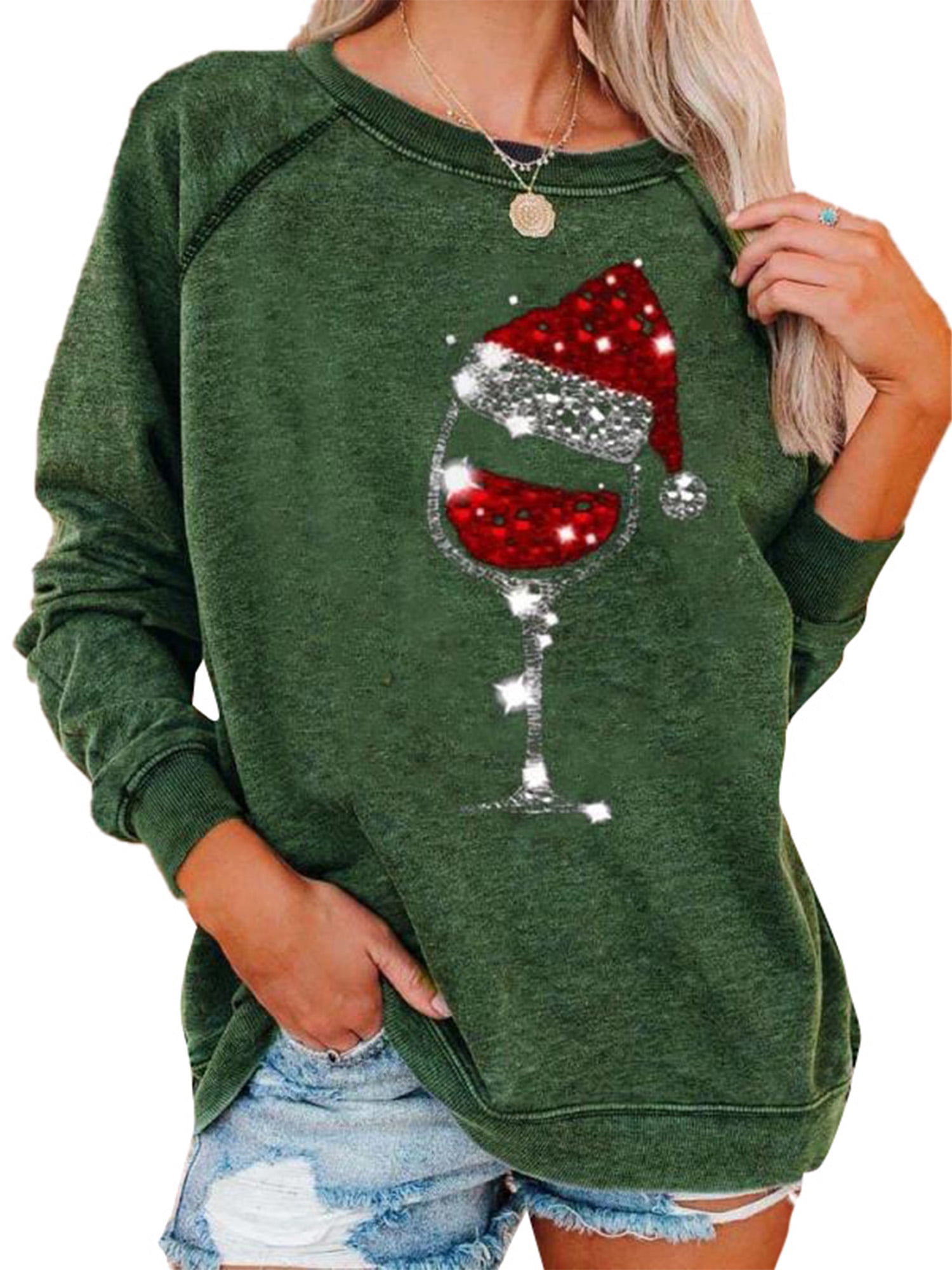 Womens Casual Christmas Theme T-Shirt Wine Glass Santa Hat Glass Print ...