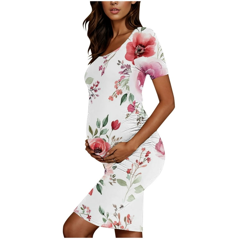 breaise Floral Ruched Bodycon Dress for Maternity Daily Wearing, Women's  Slim Fit Short Sleeve Maternity Mini Dresses Mama Baby Shower Pregnancy  Dress - Walmart.com