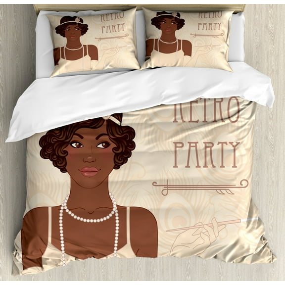 Pin up Girl Queen Size Duvet Cover Set, Flapper Style Teenage Girl with Vintage Long Pearl Necklace, Decorative 3 Piece Bedding Set with 2 Pillow Shams, Chocolate Beige and Umber, by Ambesonne