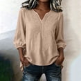 thumbnail image 4 of ClodeEU Women's V Neck 3/4 Sleeve Puff Sleeve Loose Blouse,Solid Color Casual Summer Top Khaki,Women's Plus XL, 4 of 7