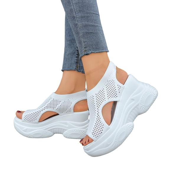 Women's Platform Wedge Sandals Open Toe Hollow out Mesh Slip on Casual Orthopedic Walking Shoes Lightweight Chunky Heels White Size 7