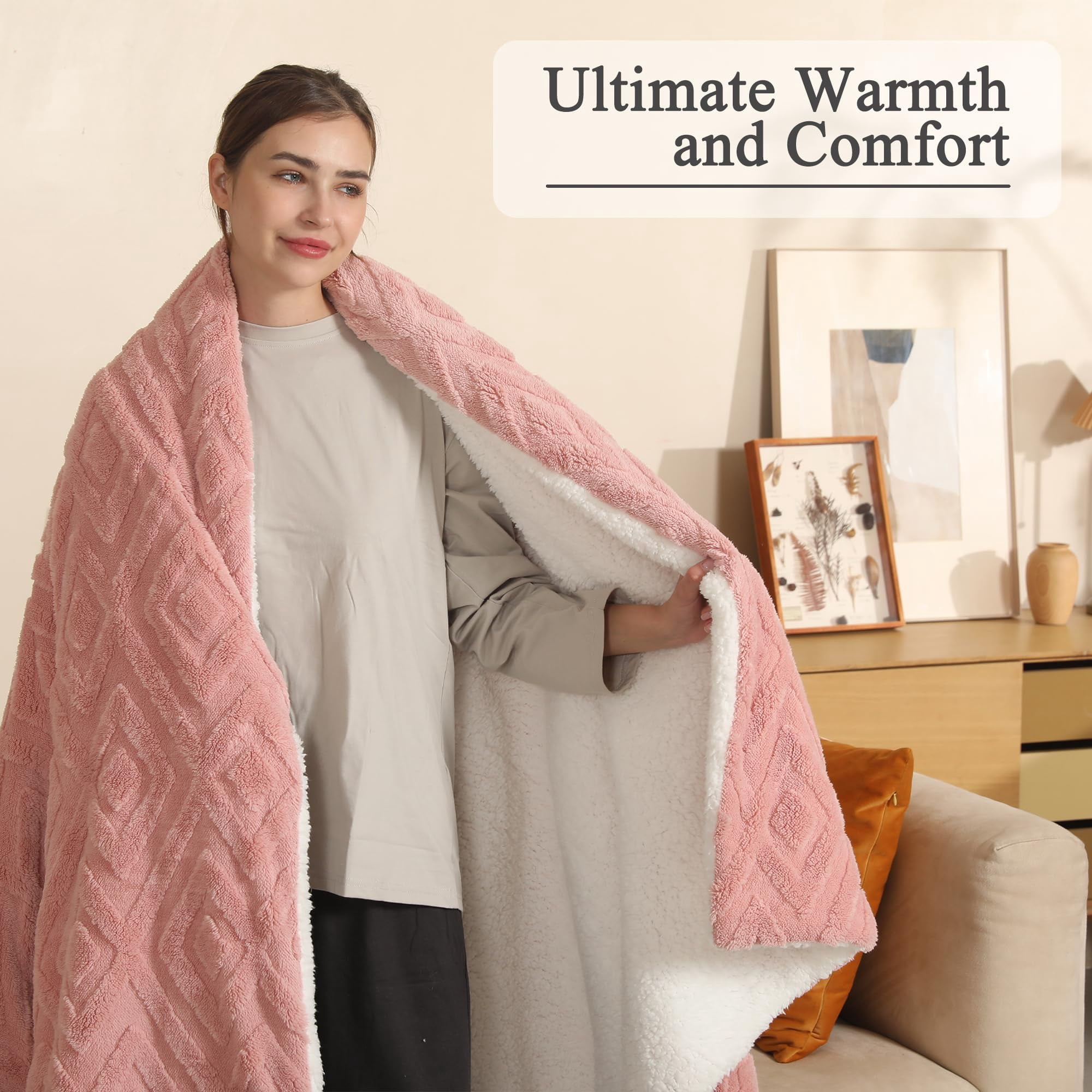 TRUSTWARMTH Electric Heated Blanket Throw 50"×60", Electric Throw Blanket with 5 Heating Levels & 4 Hours Auto Off, Ultra Soft Jacquard Shaggy Sherpa, Machine Washable, Pink