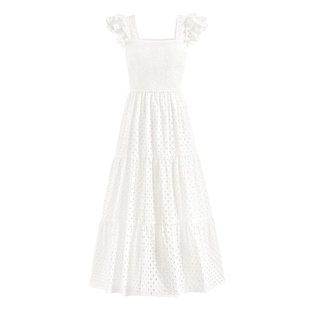 Vestido largo PRETTYGARDEN para mujer con cuello cuadrado y ojales, color blanco XL
