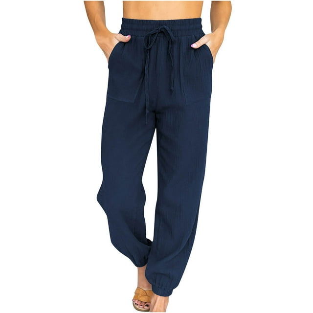 Womens Casual Lounge Pants Elastic High Waist Solid Color Drawstring Relaxed Fit Trousers Workout Pants with Pockets