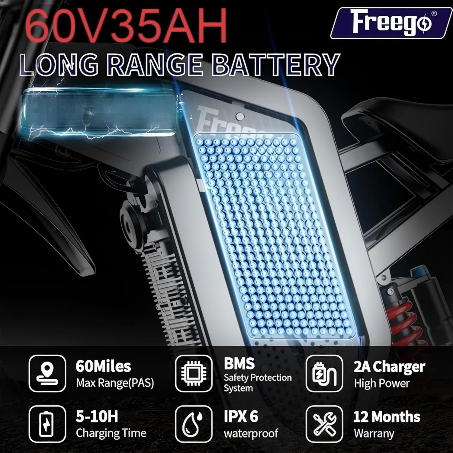 Freego X2Pro 6000W(Peak)Motor 60V 30Ah Battery Electric Motorcycle for Adults,Electric Dirt Bike Teens ,50MPH Off Road Electric Bicycle,19x2 Full Suspension/Four-Piston Hydraulic Brake UL2849